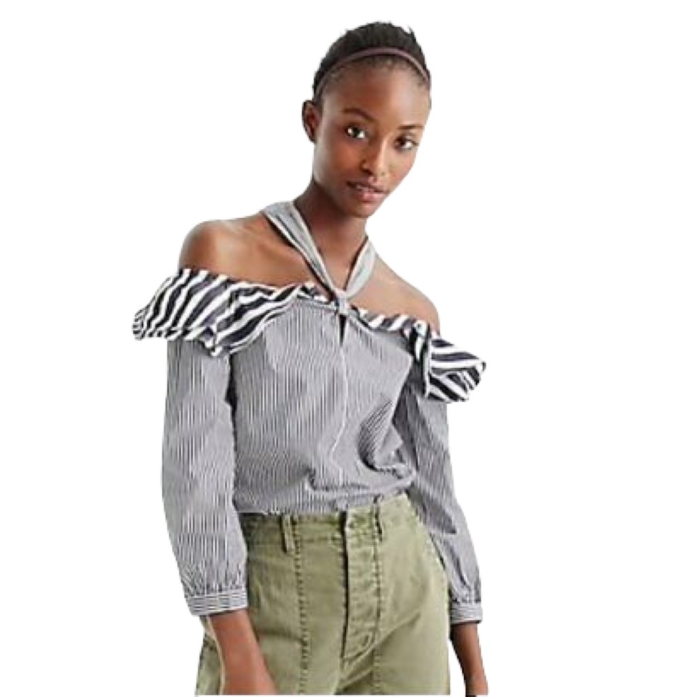 J. Crew Ruffle Off The Shoulder Top Blue White Stripe Size 6